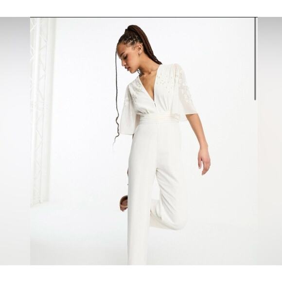ASOS Hope & Ivy Bridal Embellished Bow Back Jumpsuit In Ivory Size 12 - Picture 1 of 8